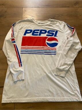 Pepsi White Long-Sleeve Tee with Red & Blue Logo Stripes